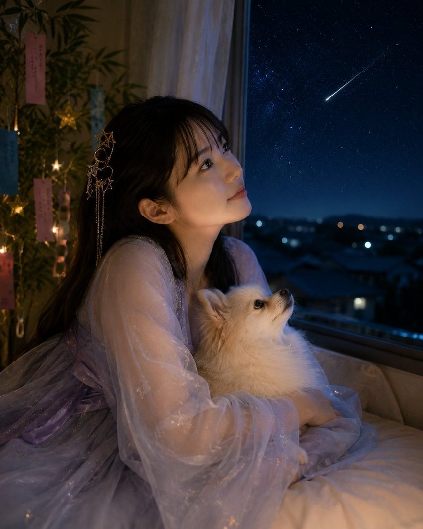 A young woman with long dark hair, wearing a flowing purple dress and holding a small white dog, looks up at a shooting star in the night sky from indoors.