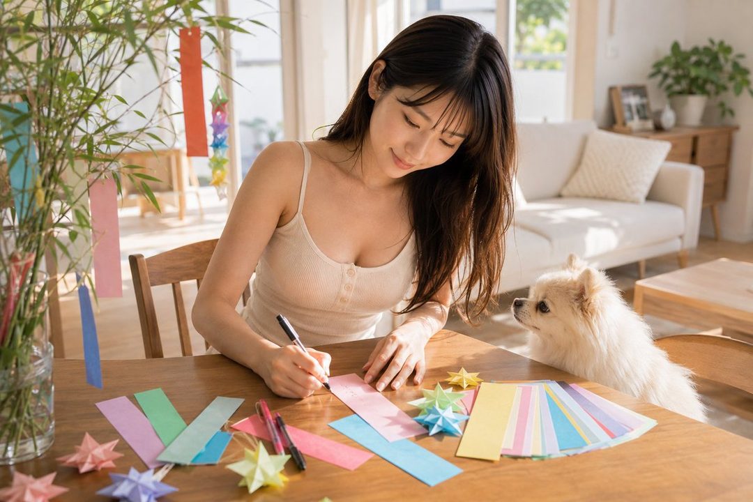 A young East Asian woman with long dark hair, wearing a light-colored tank top, sits at a wooden table, writing on colorful paper. A small fluffy dog looks up at her. Origami stars and bamboo branches with colorful streamers are on the table.