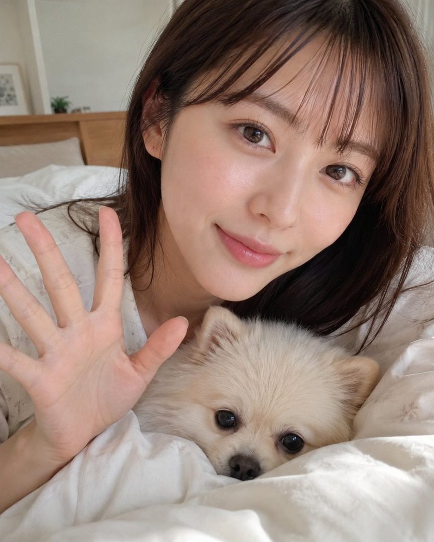 A young woman with long brown hair and bangs smiles at the camera, holding up her hand. She is in bed with a small fluffy dog peeking out from under the covers.
