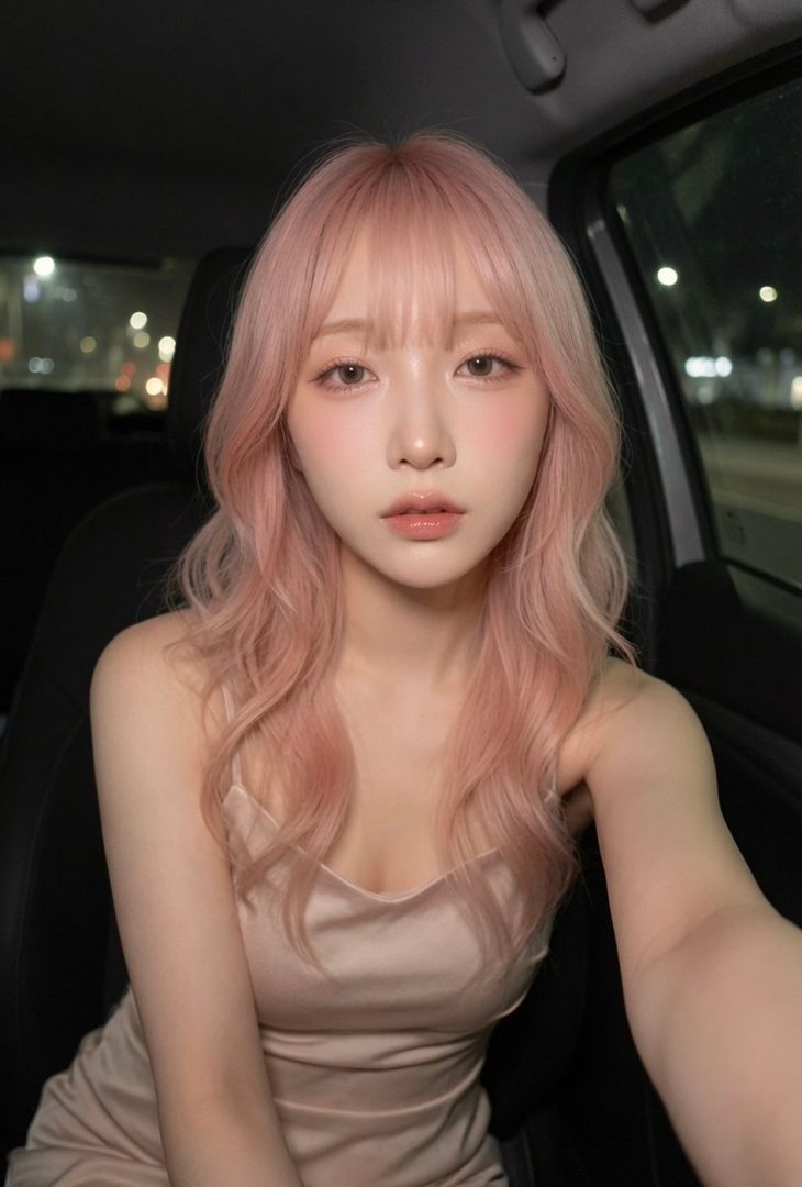 A woman with long pink wavy hair and bangs, wearing a satin slip dress, takes a selfie in a car at night with city lights in the background.