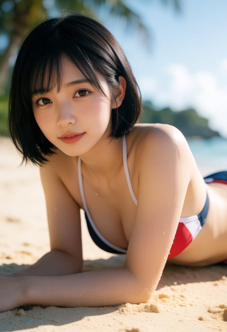 A young woman with short black hair wearing a red, white, and blue bikini lies on a sandy beach, looking towards the camera with a gentle smile. The ocean and palm trees are visible in the background under a clear blue sky.