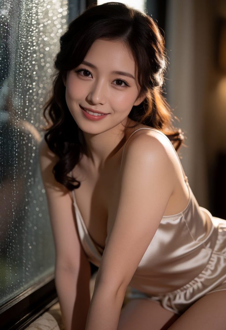 A beautiful East Asian woman with long brown hair smiles gently, wearing a satin slip dress, with raindrops on the window behind her.