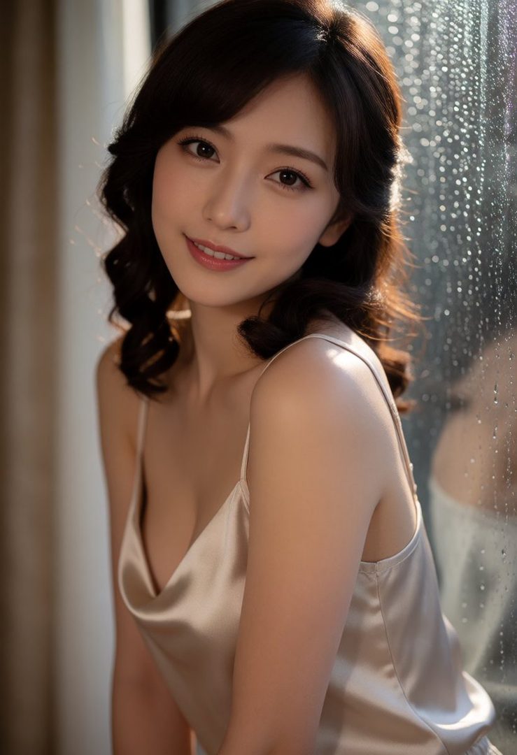 A beautiful East Asian woman with dark, wavy hair, wearing a satin camisole, poses indoors with a window showing raindrops in the background.