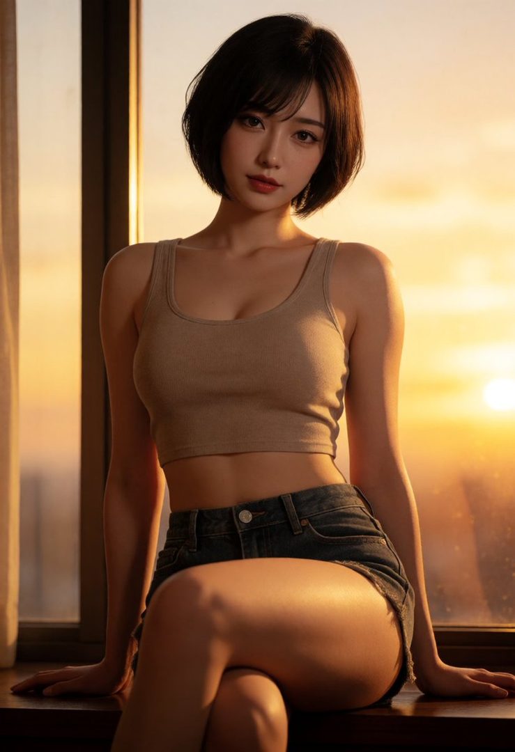 A young woman with short black hair and a beige tank top sits by a window during sunset, looking towards the camera.
