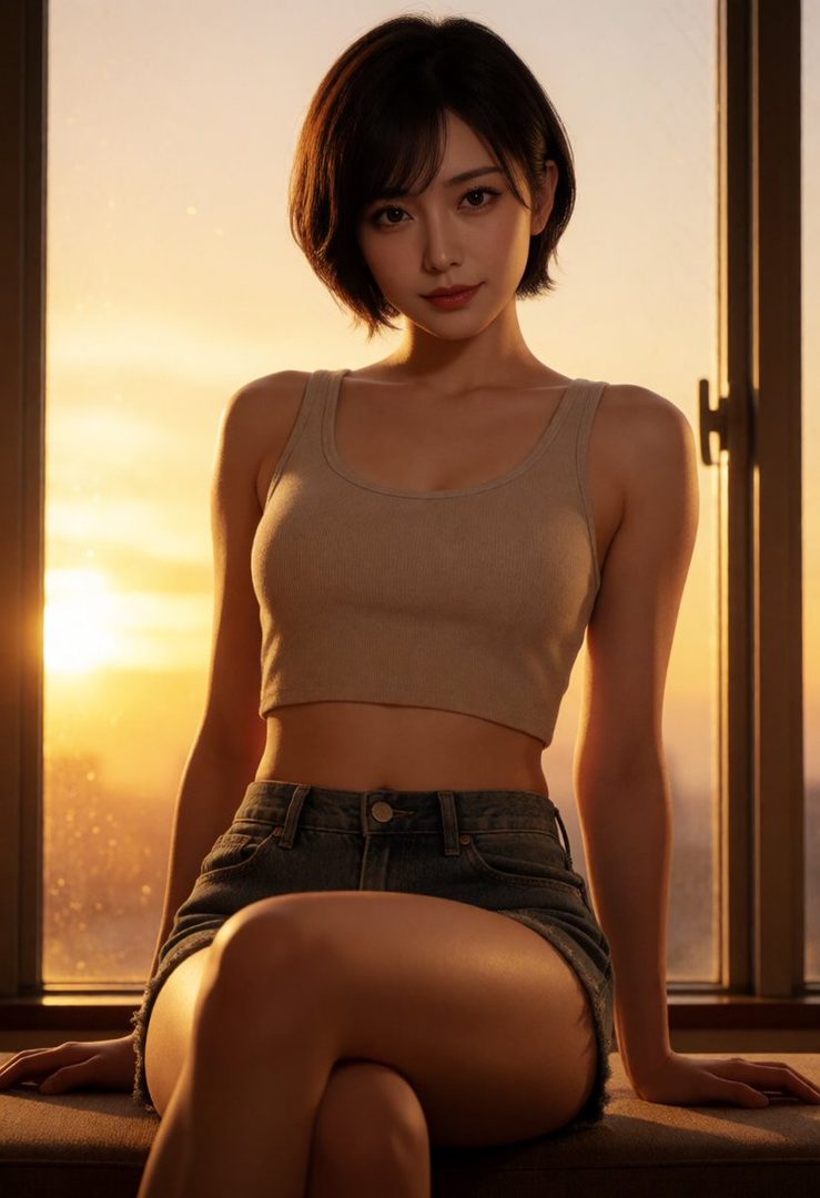 A young woman with short black hair sits by a window at sunset, wearing a beige tank top and denim shorts.