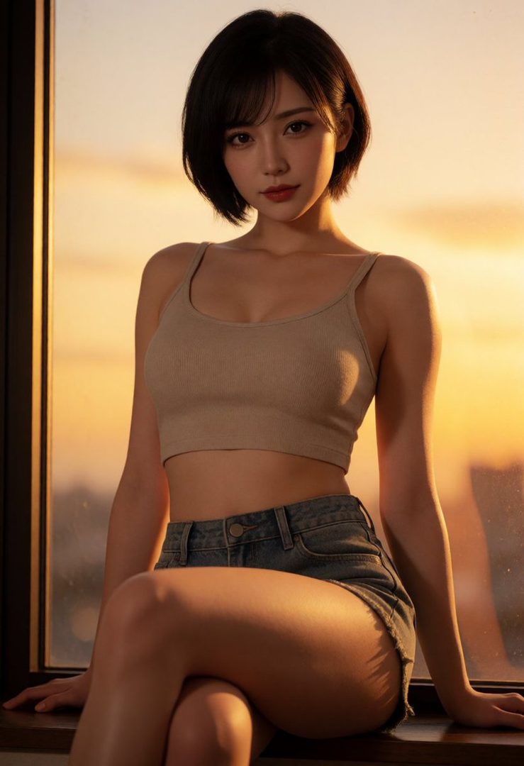 A beautiful East Asian woman with short black hair, wearing a beige crop top and denim shorts, poses by a window during golden hour.