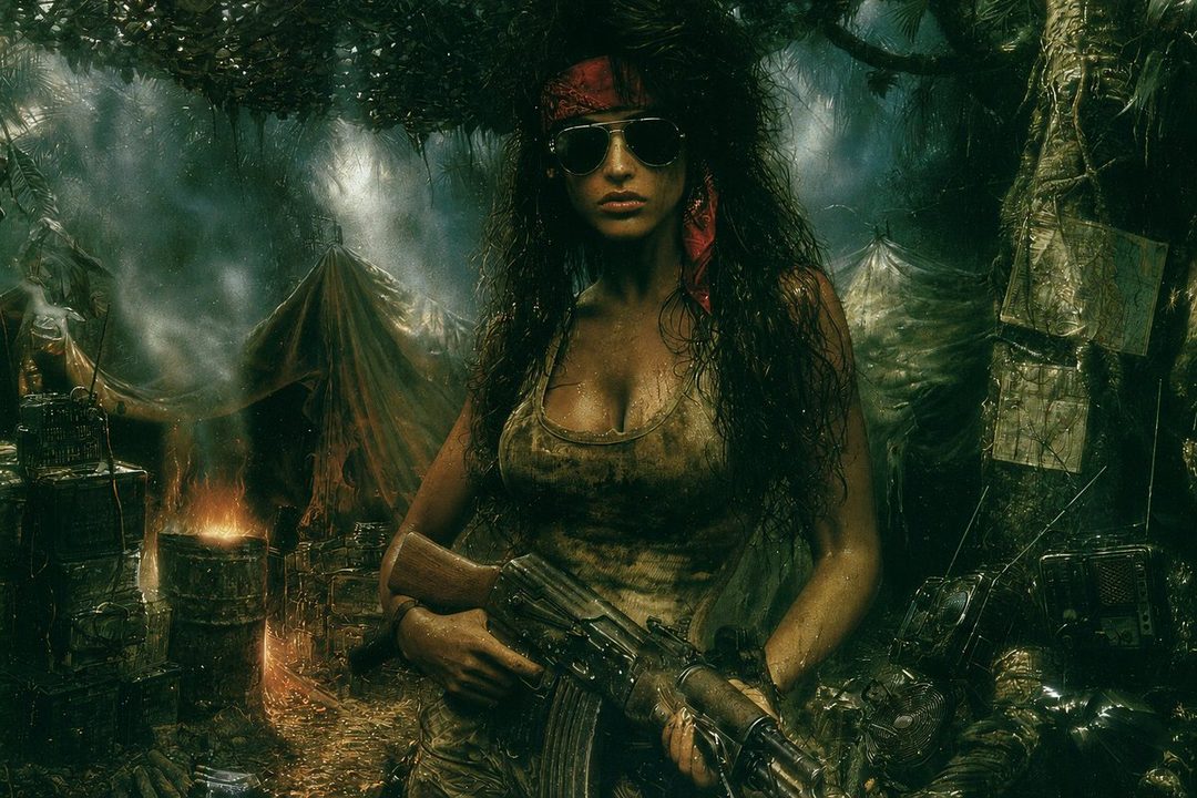 A woman in a dirty tank top and sunglasses holds an assault rifle in a jungle camp setting.