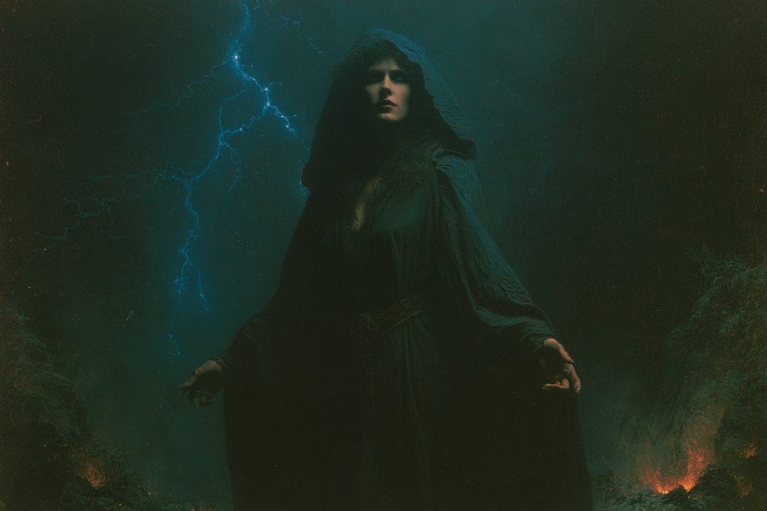 A woman in a dark hooded cloak stands in a stormy, dark environment with lightning in the background and fire on the ground.
