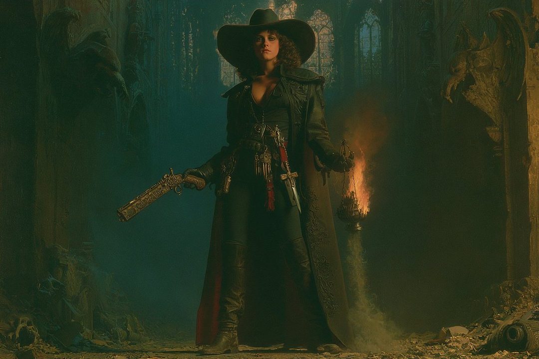 A woman dressed as a vampire hunter, holding a pistol and a lantern, stands in a gothic setting.
