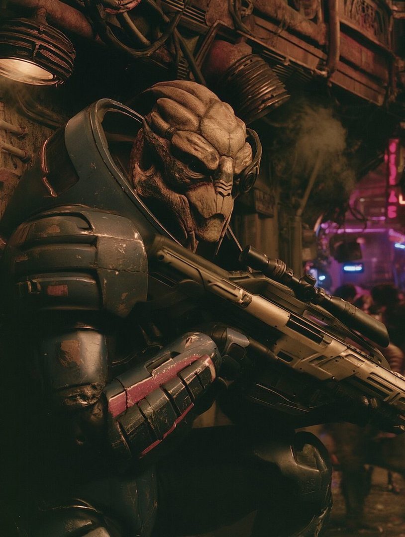 A photorealistic portrait of a fictional alien character, Garrus Vakarian from Mass Effect, in a dark, atmospheric setting, holding a futuristic rifle.
