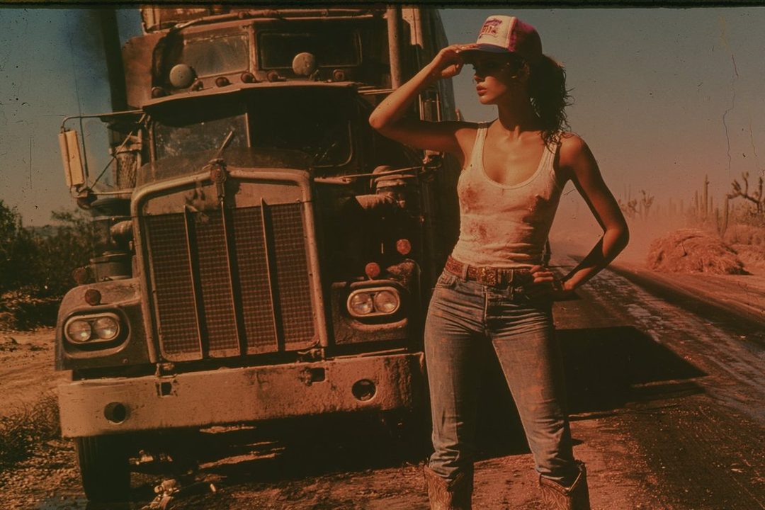 A woman in a white tank top and jeans stands in front of a large truck, wearing a baseball cap and cowboy boots.