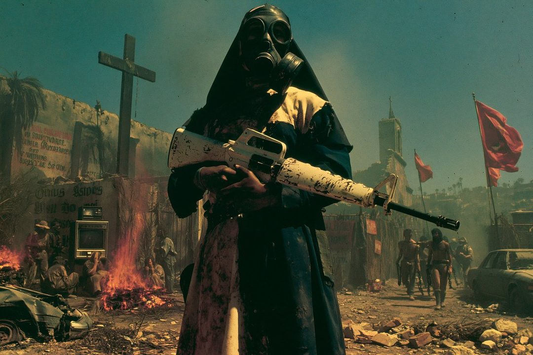 A woman in a gas mask and a nun-like habit holds a rifle in a post-apocalyptic wasteland setting.