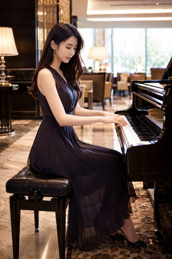 A beautiful East Asian woman with long black hair plays a grand piano in a luxurious indoor setting, wearing an elegant dark dress.