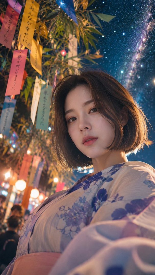 A young woman with short brown hair wearing a yukata poses under a starry night sky with colorful Tanabata decorations.