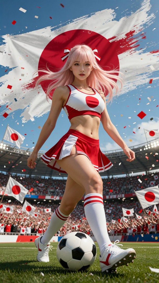 A pink-haired anime-style girl in a red and white cheerleader uniform is playing soccer in a stadium with Japanese flags and confetti in the background.