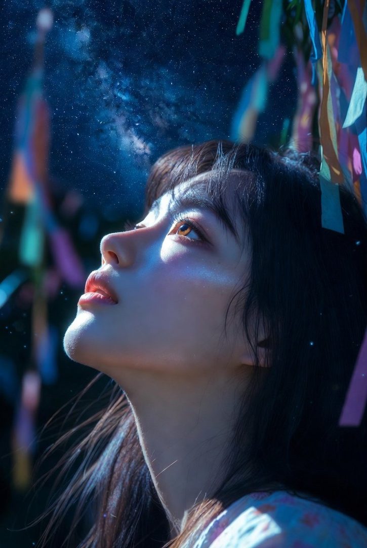 A close-up portrait of a young woman looking up at a starry night sky, with colorful streamers in the foreground.