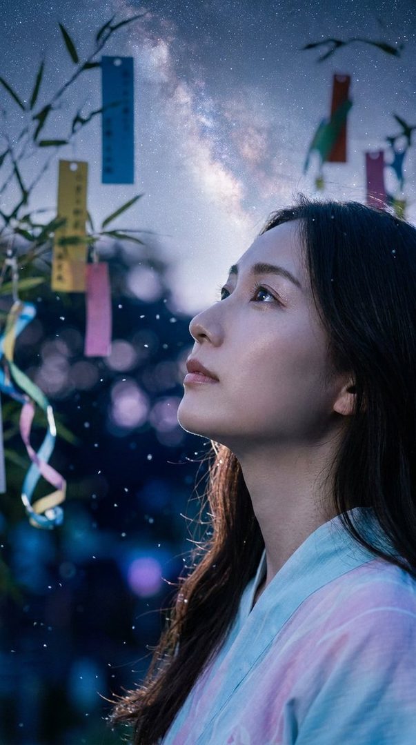 A young woman looks up at the starry night sky, with colorful tanzaku decorations hanging from a bamboo branch.