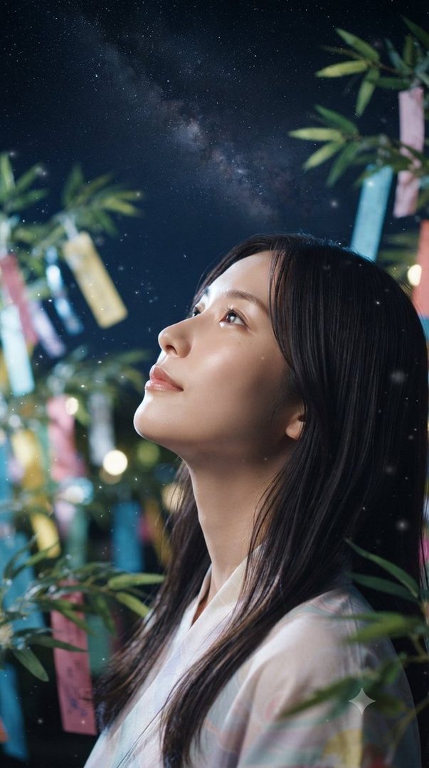 A young woman with long black hair looks up at the starry night sky, surrounded by bamboo branches with colorful tanzaku strips for Tanabata.