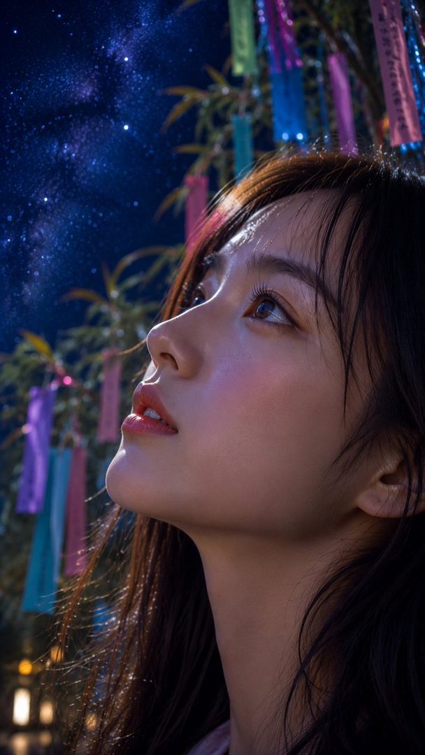 A beautiful East Asian woman looks up at the starry night sky, with colorful paper streamers in the background.