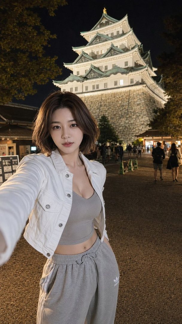 A young woman takes a selfie at night in front of a Japanese castle, wearing a white denim jacket over a grey crop top and sweatpants.
