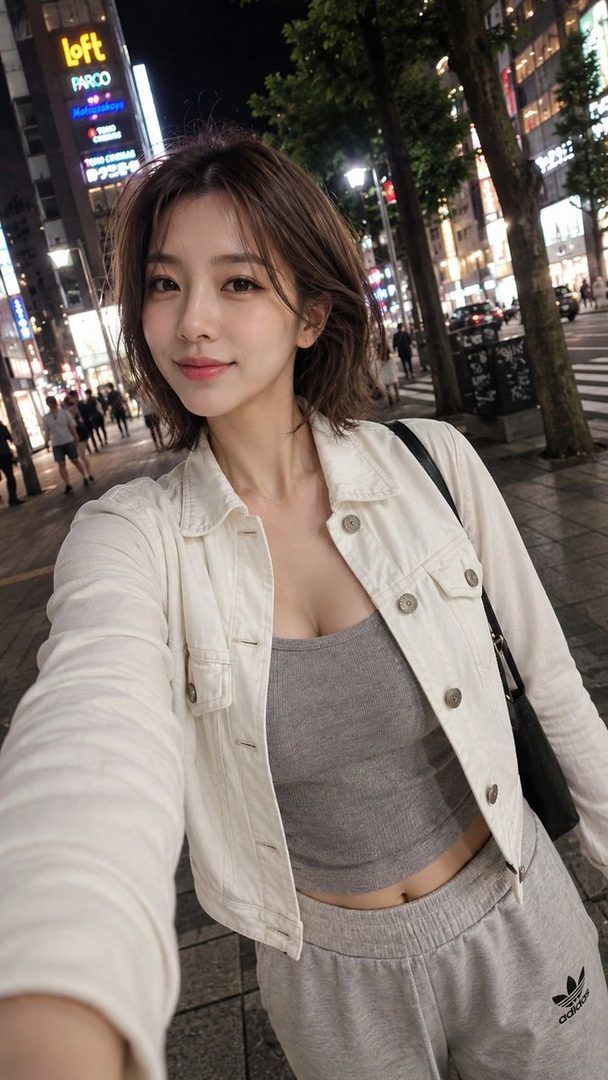 A young woman with short brown hair takes a selfie at night on a city street, wearing a white jacket over a grey crop top and sweatpants.