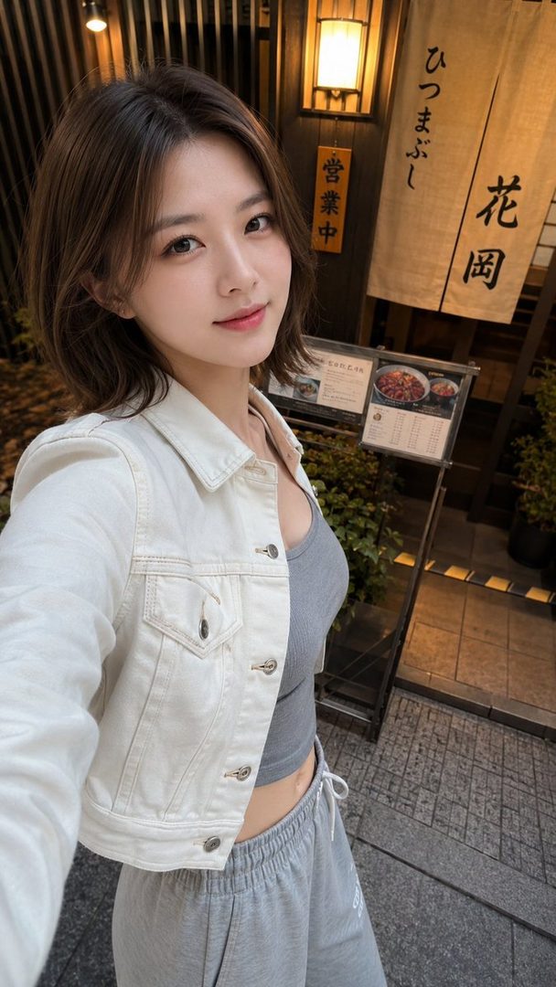 A young East Asian woman with short brown hair takes a selfie outdoors in front of a Japanese restaurant.