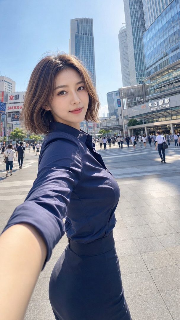 A young woman with short brown hair takes a selfie in a city street, wearing a navy blue blouse and skirt.