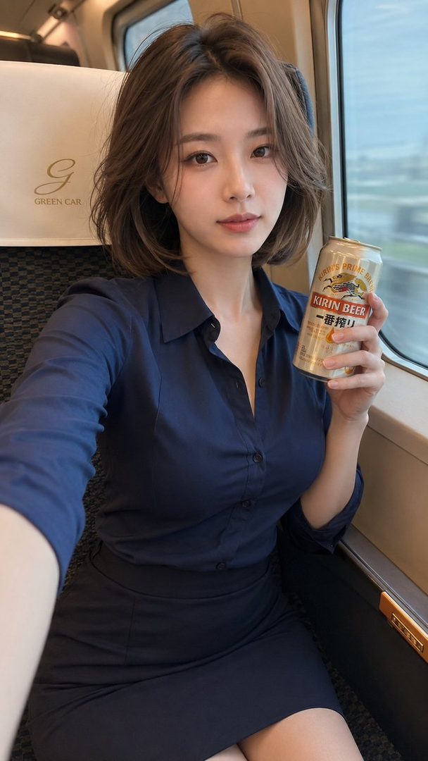 A young East Asian woman with short brown hair takes a selfie on a train, holding a can of Kirin beer.