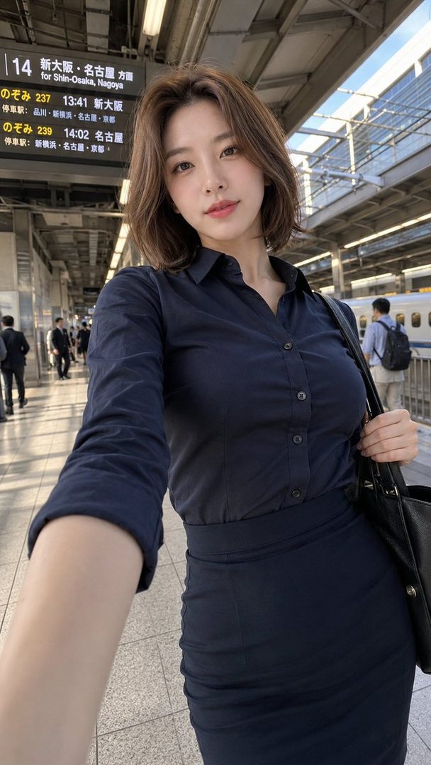 A woman in a dark blue blouse and skirt takes a selfie on a train platform, with departure information visible.