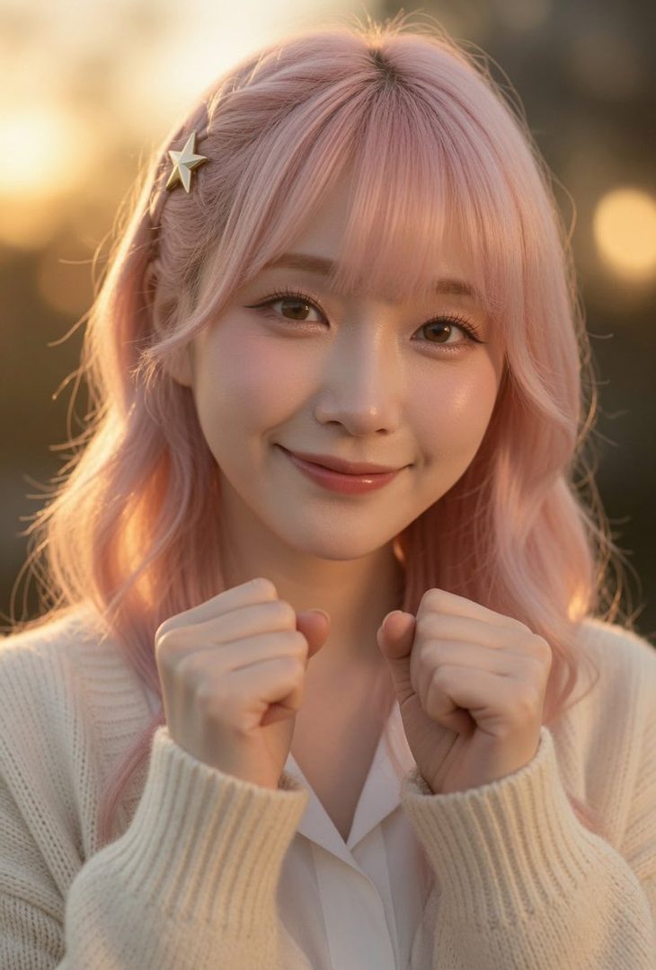 A cute woman with pink wavy hair and bangs, wearing a white sweater and a star hair clip, smiles at the camera with her fists raised in a golden hour outdoor setting.