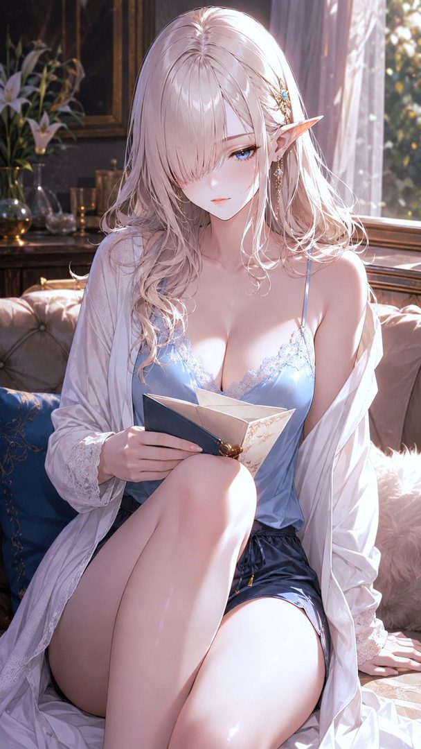 A beautiful AI-generated portrait of a blonde elf woman with blue eyes, wearing a blue camisole and a white robe, sitting indoors and reading a letter.