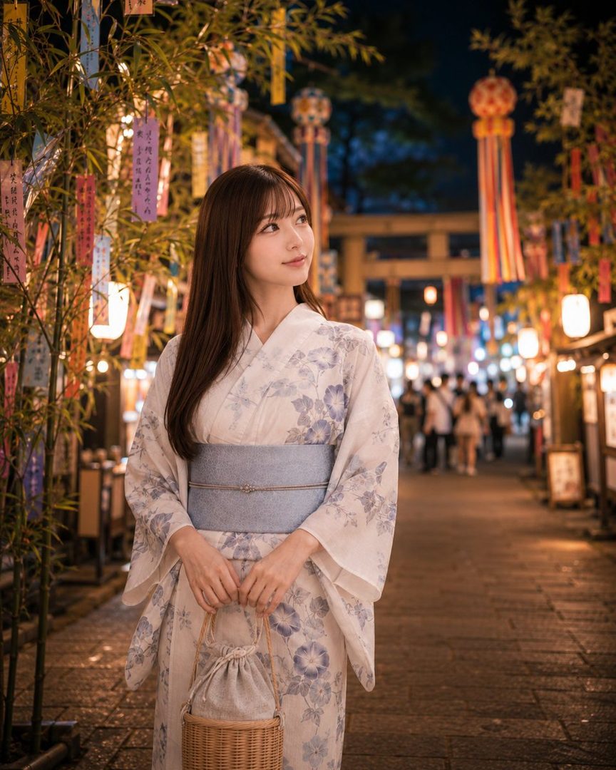 A young woman in a traditional Japanese yukata stands on a street decorated with Tanabata ornaments at night.