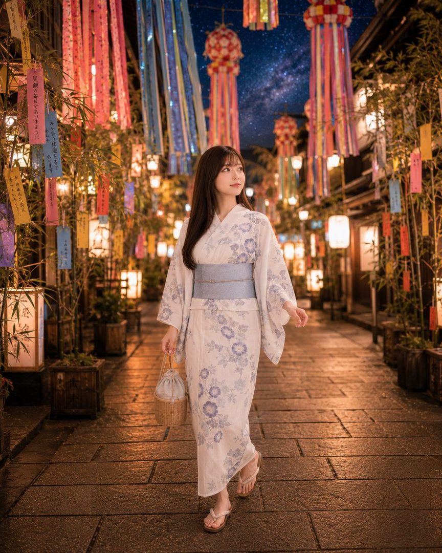 A young woman in a traditional Japanese yukata walks down a street decorated with colorful Tanabata streamers and lanterns at night.