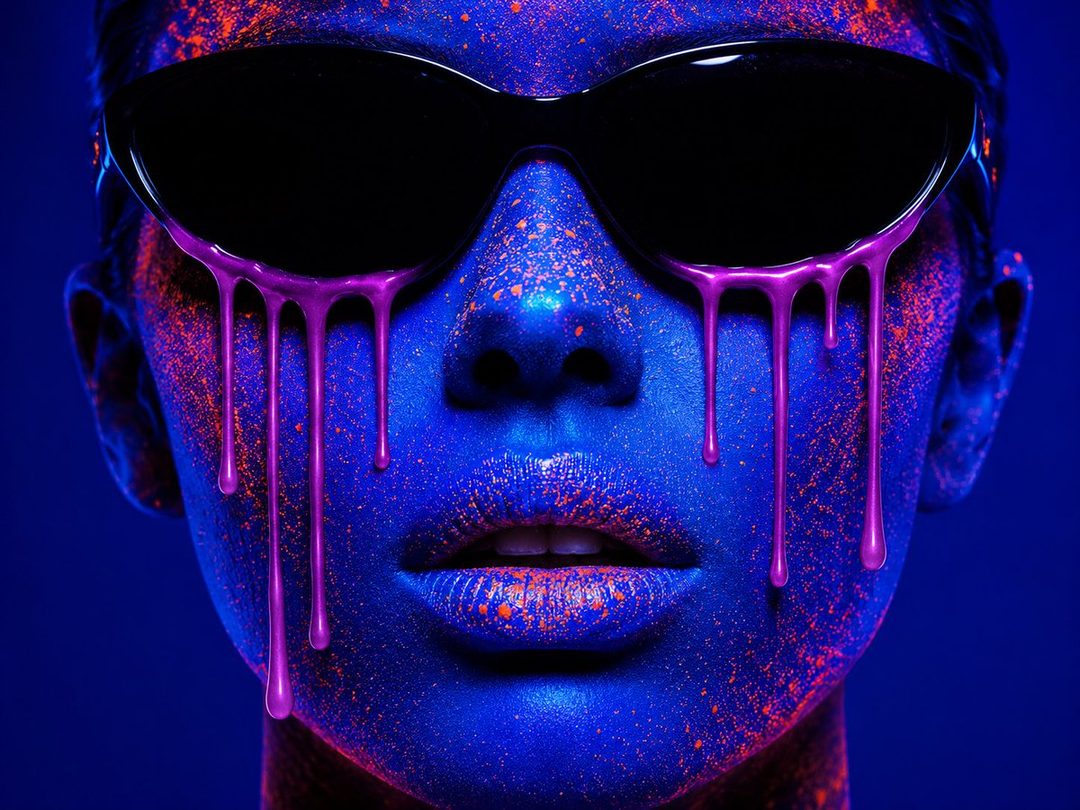 A close-up portrait of a person with neon blue and orange paint splattered on their face, wearing black sunglasses with purple liquid dripping from the lenses.