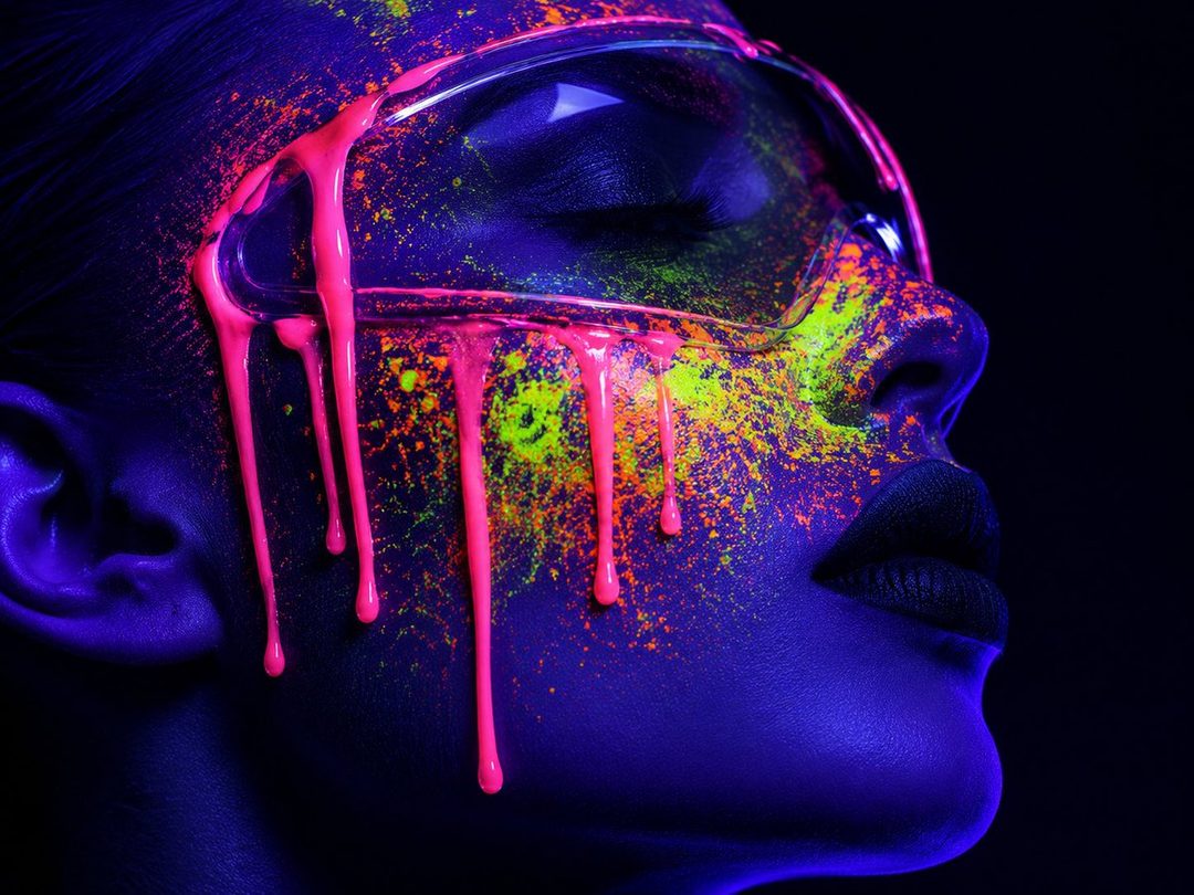 A close-up portrait of a woman's face covered in fluorescent paint and dripping liquid, illuminated by blacklight.