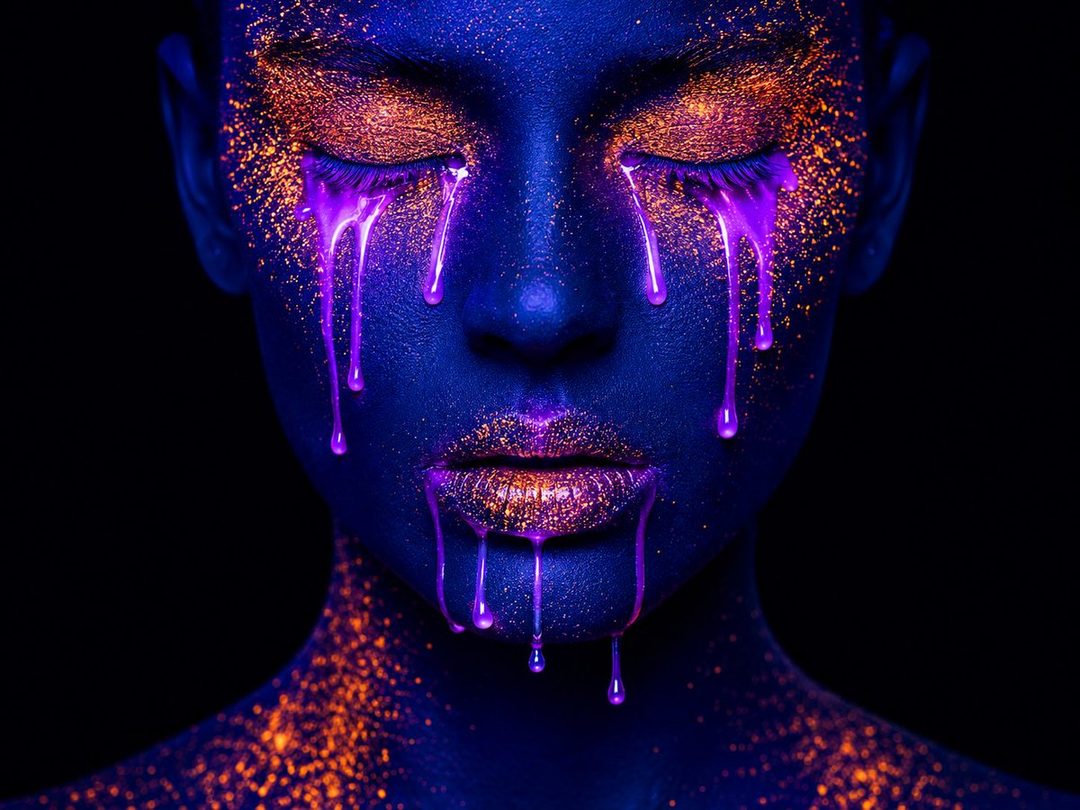 A close-up portrait of a person's face covered in fluorescent blue paint and shimmering orange glitter, with purple liquid dripping from their eyes and lips against a black background.