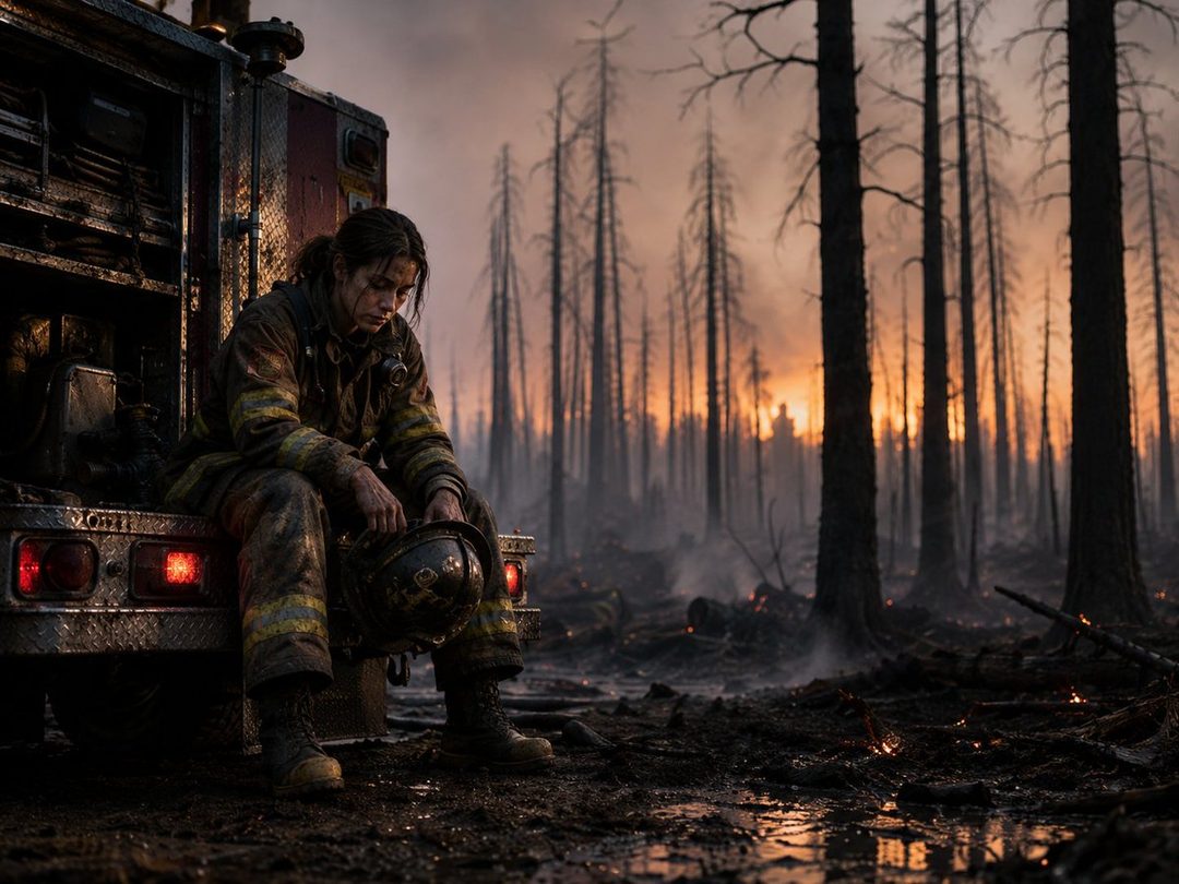 A weary firefighter sits on the back of a fire truck in a burnt forest at dusk, holding their helmet.