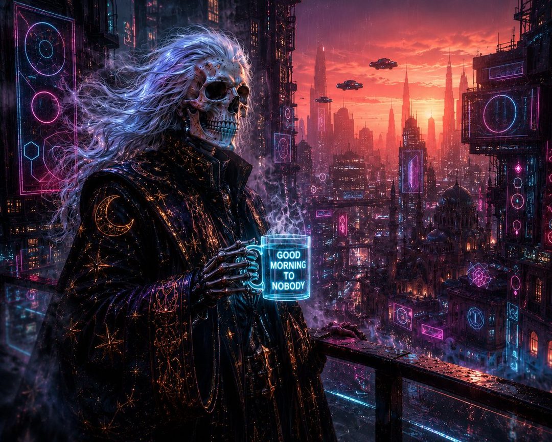 A skeleton figure with long, flowing white hair stands on a balcony overlooking a futuristic, neon-lit city at sunset, holding a mug that says 'Good Morning to Nobody'.