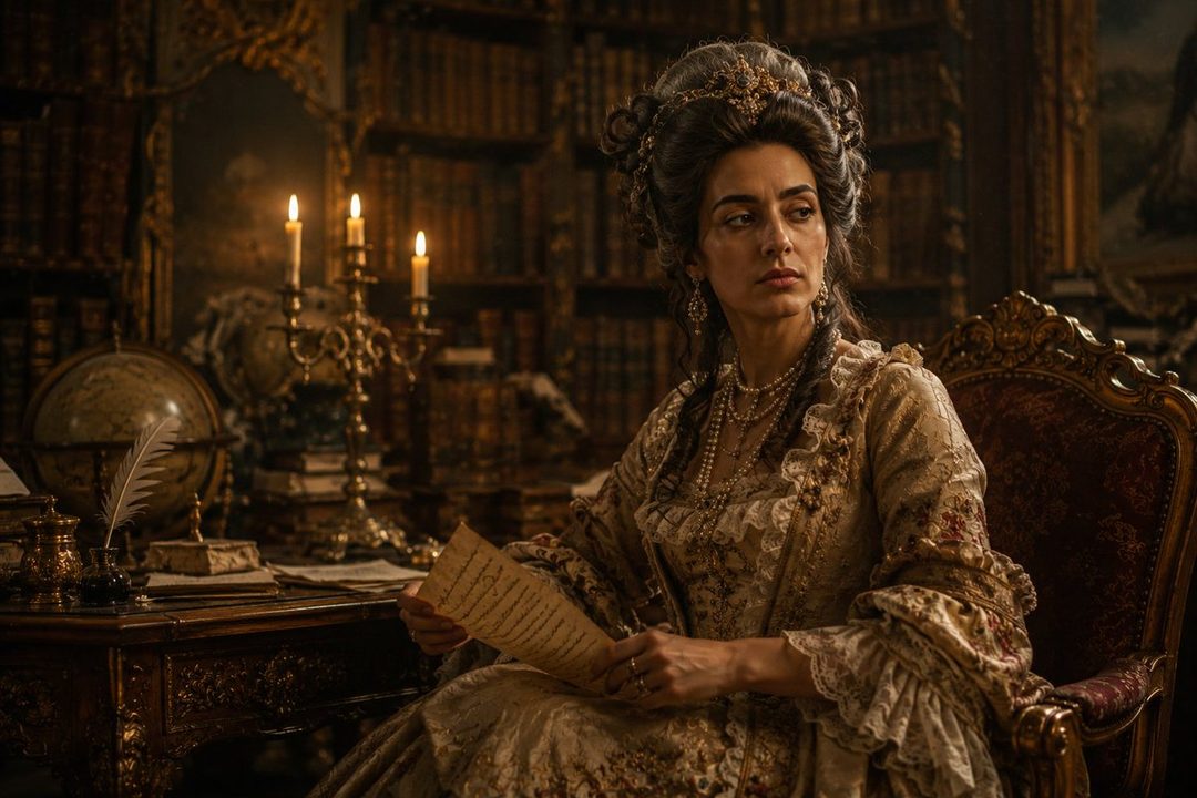 A woman in historical attire sits in a richly decorated room, holding a piece of paper.