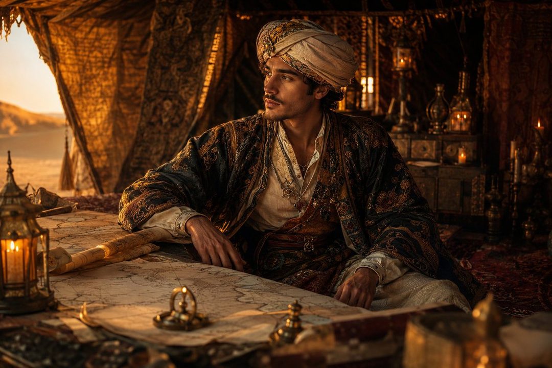 A man in traditional Middle Eastern attire, wearing a turban and ornate robes, sits in a tent with a map spread before him, illuminated by warm lantern light.