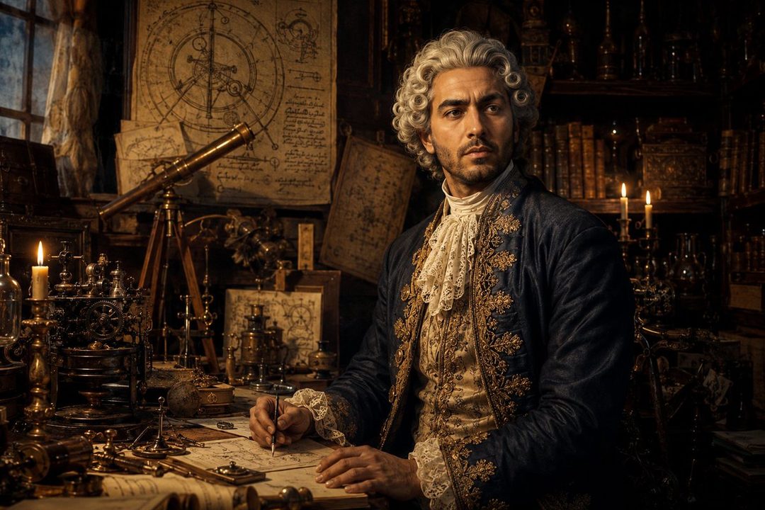 A man in 18th-century attire, with a powdered wig, sits at a desk in a study filled with scientific instruments and books, writing on a document.