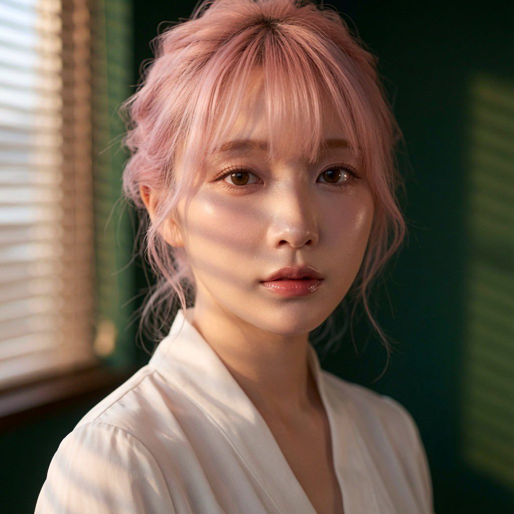 A close-up portrait of a woman with pink hair and bangs, wearing a white robe, with natural light casting shadows from blinds on her face.