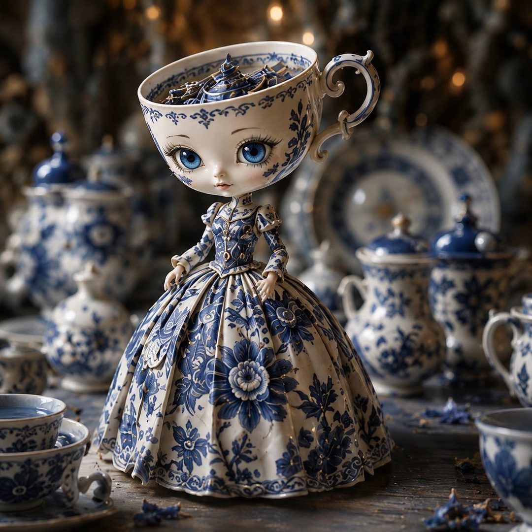 A doll with a teacup for a head, wearing a blue and white floral dress, surrounded by matching porcelain teacups and teapots.