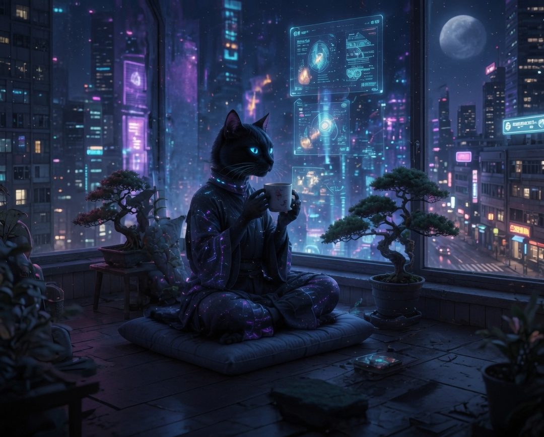 A black cat wearing a kimono sits meditating indoors, holding a mug, with a futuristic city skyline visible through the window at night.
