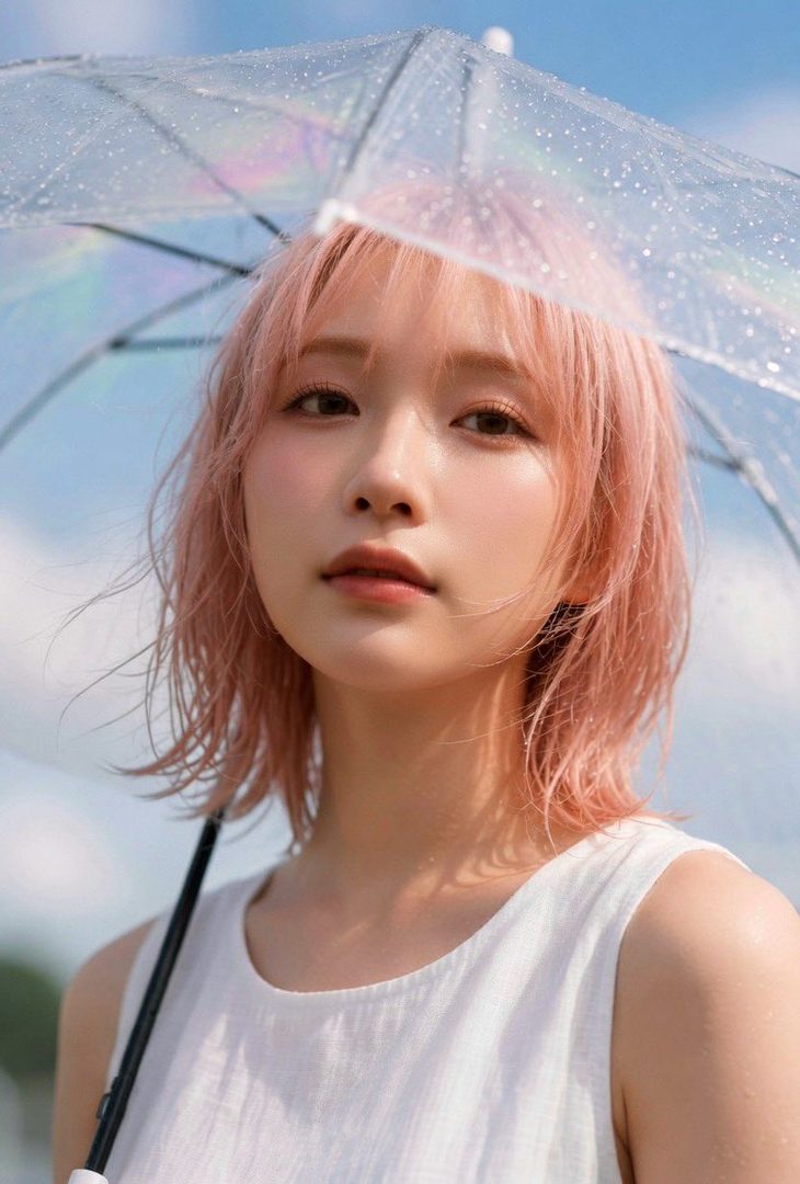 A beautiful woman with short pink hair and a white sleeveless top holds a clear umbrella with raindrops, looking serene under a bright sky.