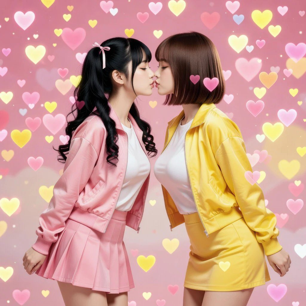Two young women in matching pink and yellow outfits share a kiss against a pink background filled with hearts.