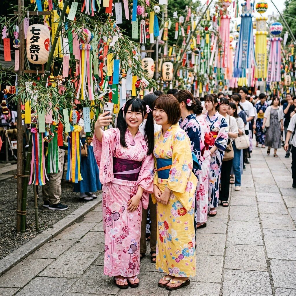 Two young women in colorful kimonos take a selfie at a Japanese Tanabata festival, surrounded by decorations.