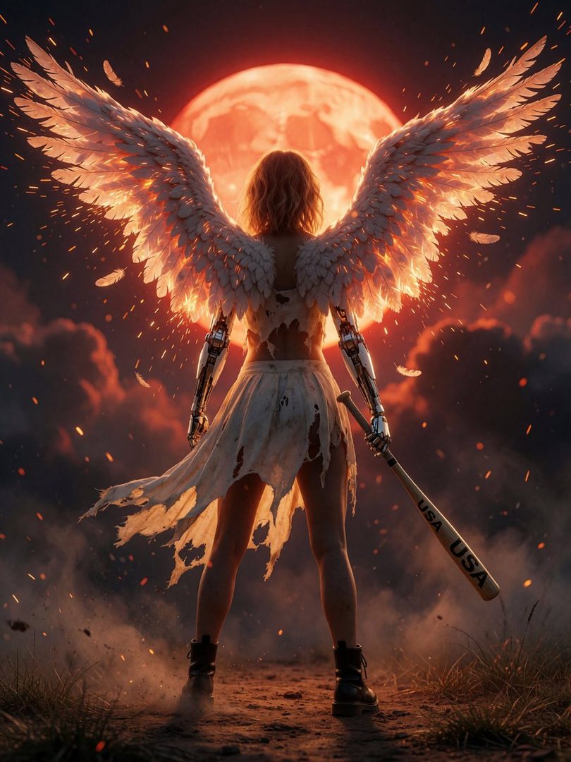 A woman with large, fiery angel wings stands with her back to the viewer, holding a baseball bat, under a large red moon.