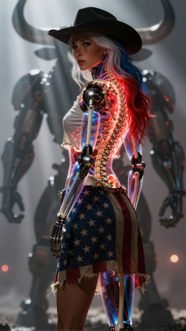 A cyborg woman wearing a cowboy hat and an American flag skirt, with exposed robotic skeleton and red, white, and blue hair, stands in front of a large robotic bull.