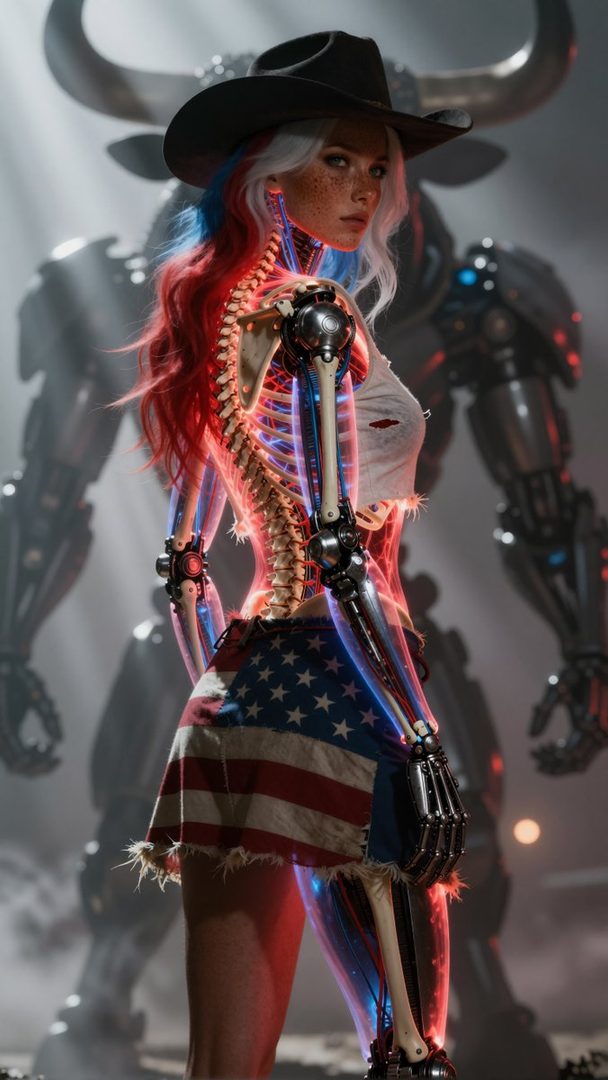 A cyborg woman with a skeleton visible through her translucent body, wearing a cowboy hat and a skirt made of the American flag, stands in front of a robotic bull.